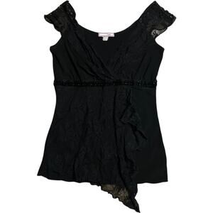 Vol One Y2K Black Floral Lace Asymmetrical Fairy Goth Top